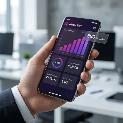 Mobile ERP dashboard showing ₹60/month pricing